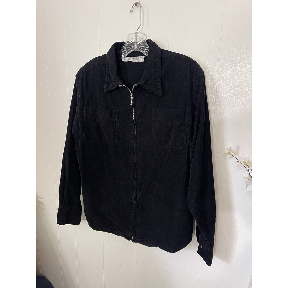 Jane Ashley L XL Black corduroy full zip long sleeve shirt pocket